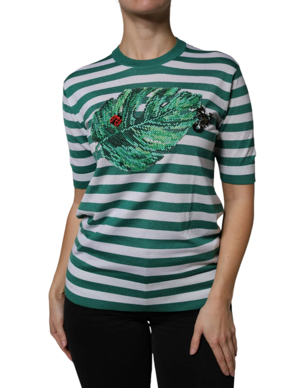 Dolce & Gabbana White Green Stripe Leaf Crew Neck T-shirt - Zeiniez