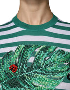 Dolce & Gabbana White Green Stripe Leaf Crew Neck T-shirt - Zeiniez
