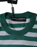Dolce & Gabbana White Green Stripe Leaf Crew Neck T-shirt - Zeiniez