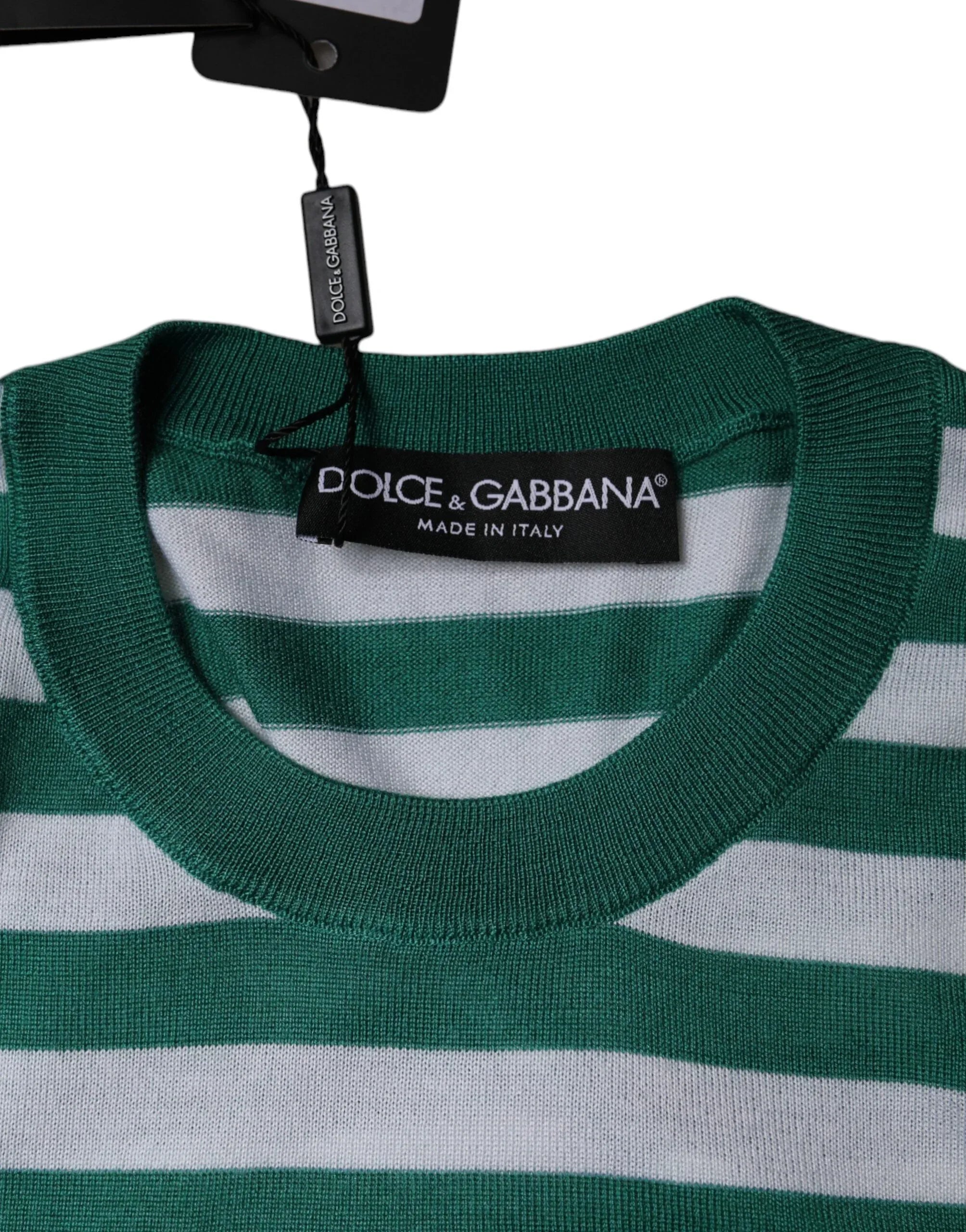 Dolce & Gabbana White Green Stripe Leaf Crew Neck T-shirt - Zeiniez