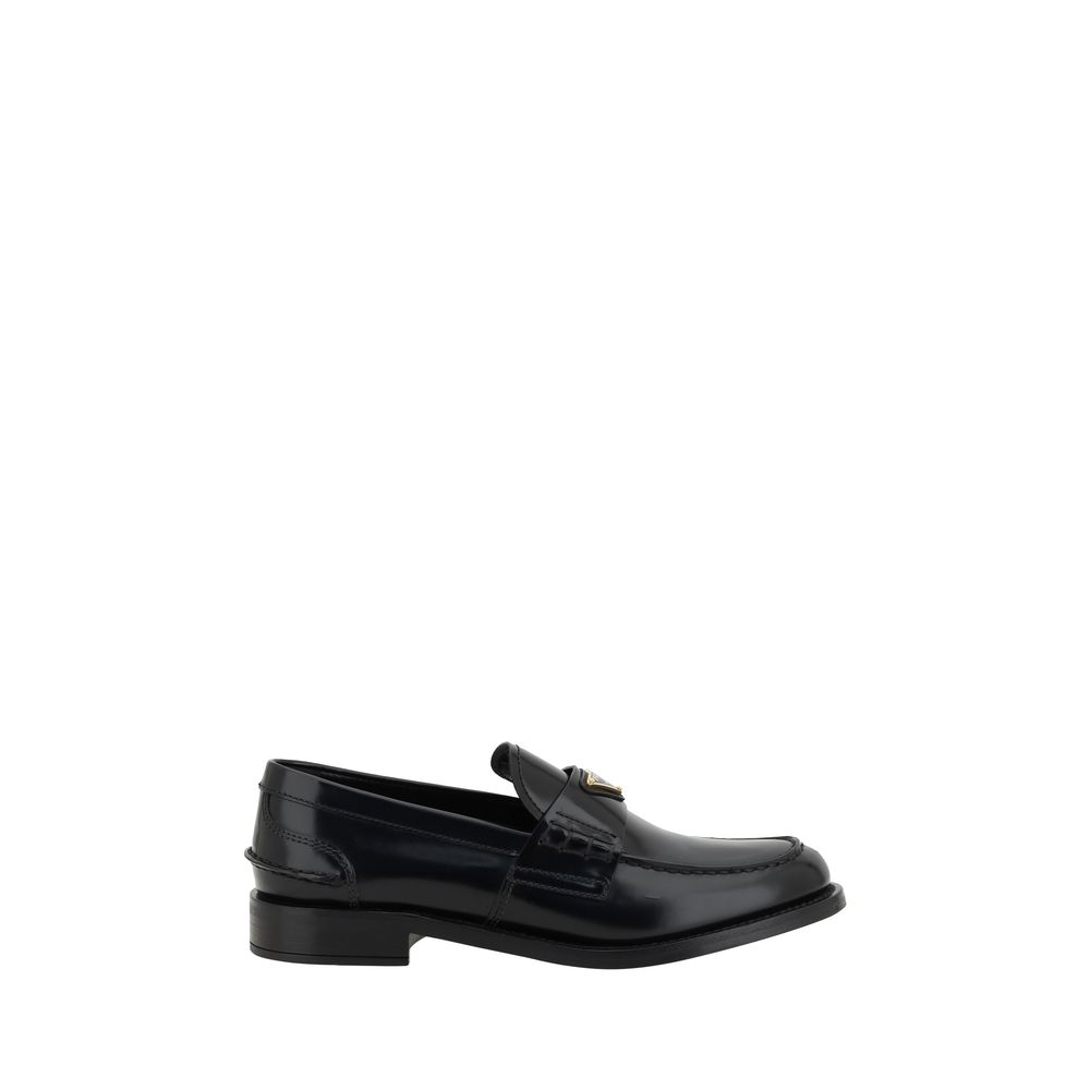 Prada Black Leather Logo Loafers - Zeiniez