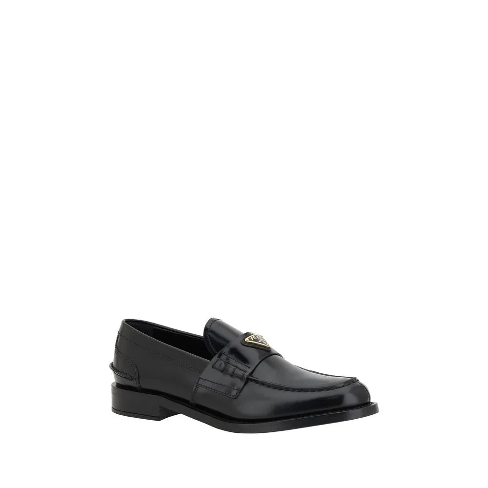 Prada Black Leather Logo Loafers - Zeiniez