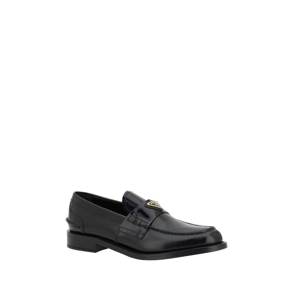 Prada Black Leather Logo Loafers - Zeiniez