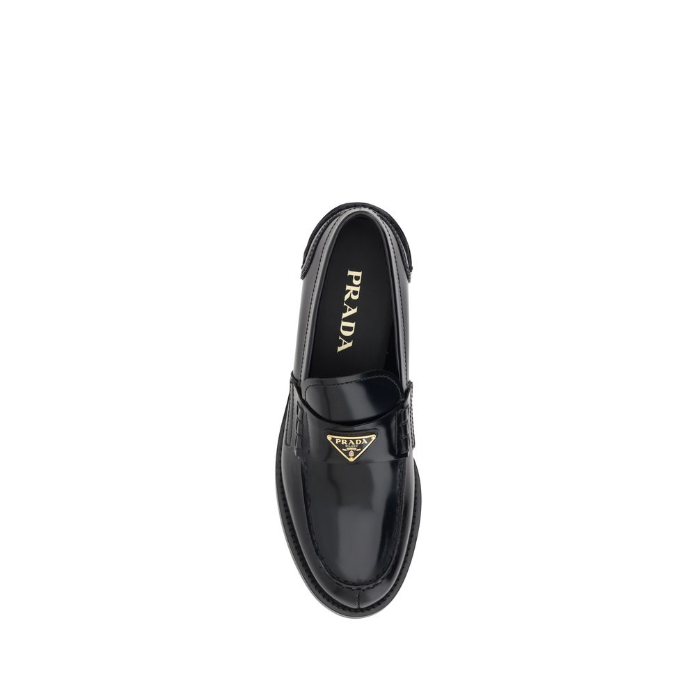 Prada Black Leather Logo Loafers - Zeiniez