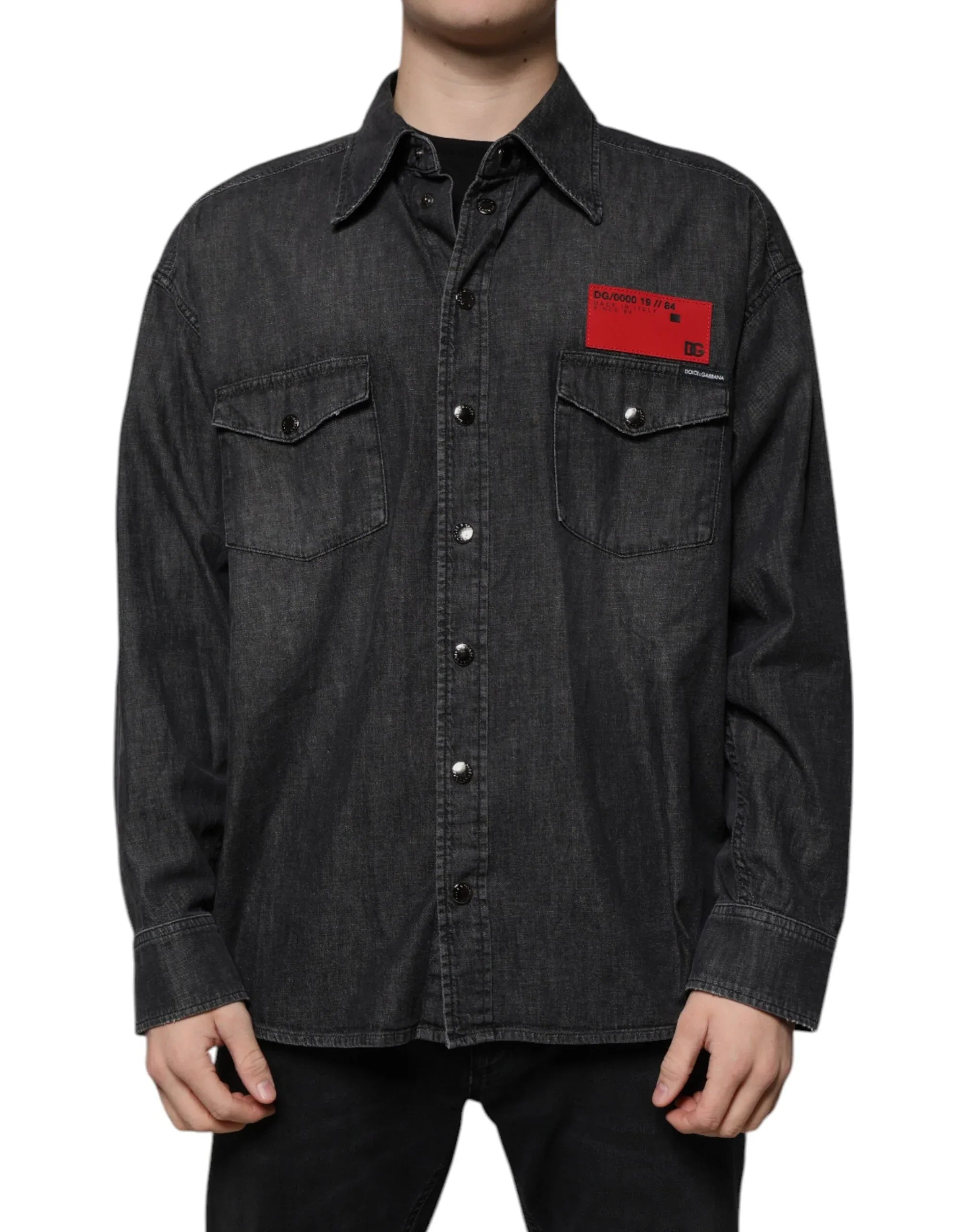 Dolce & Gabbana Black Logo Cotton Button Down Denim Shirt - Zeiniez