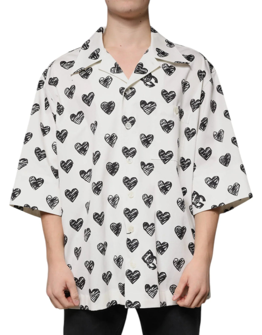 Dolce & Gabbana White Heart Print Short Sleeve Casual Shirt - Zeiniez