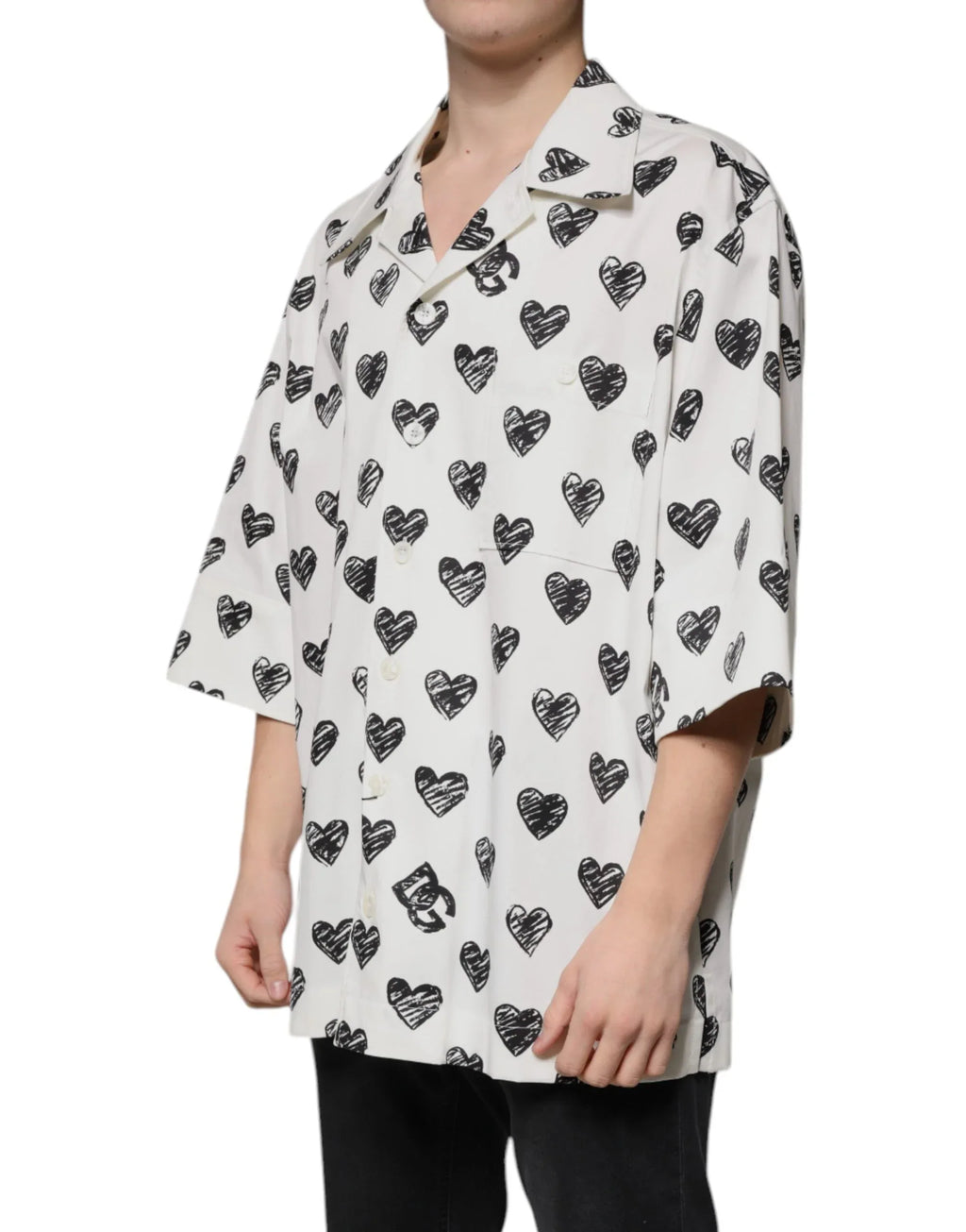 Dolce & Gabbana White Heart Print Short Sleeve Casual Shirt - Zeiniez