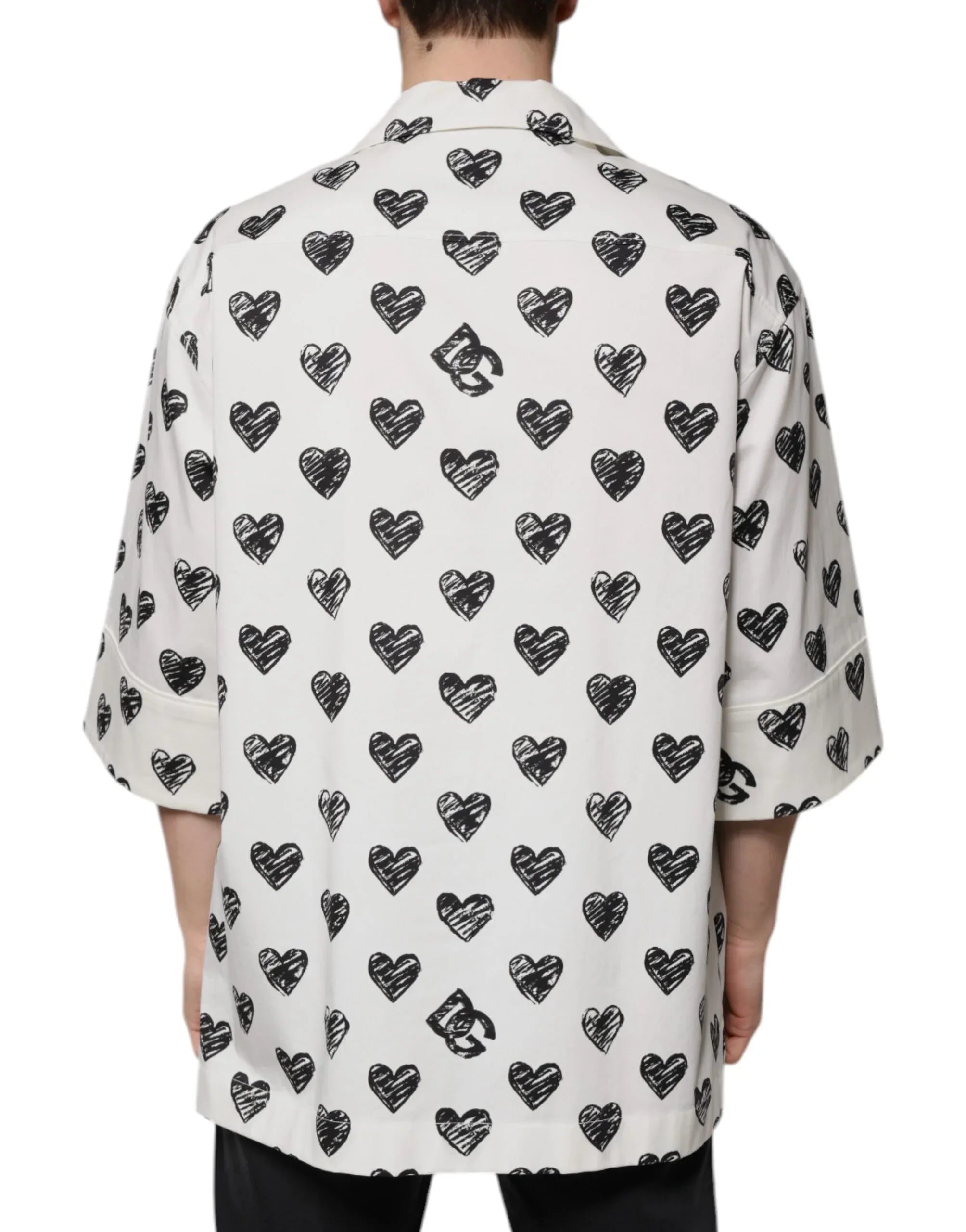 Dolce & Gabbana White Heart Print Short Sleeve Casual Shirt - Zeiniez