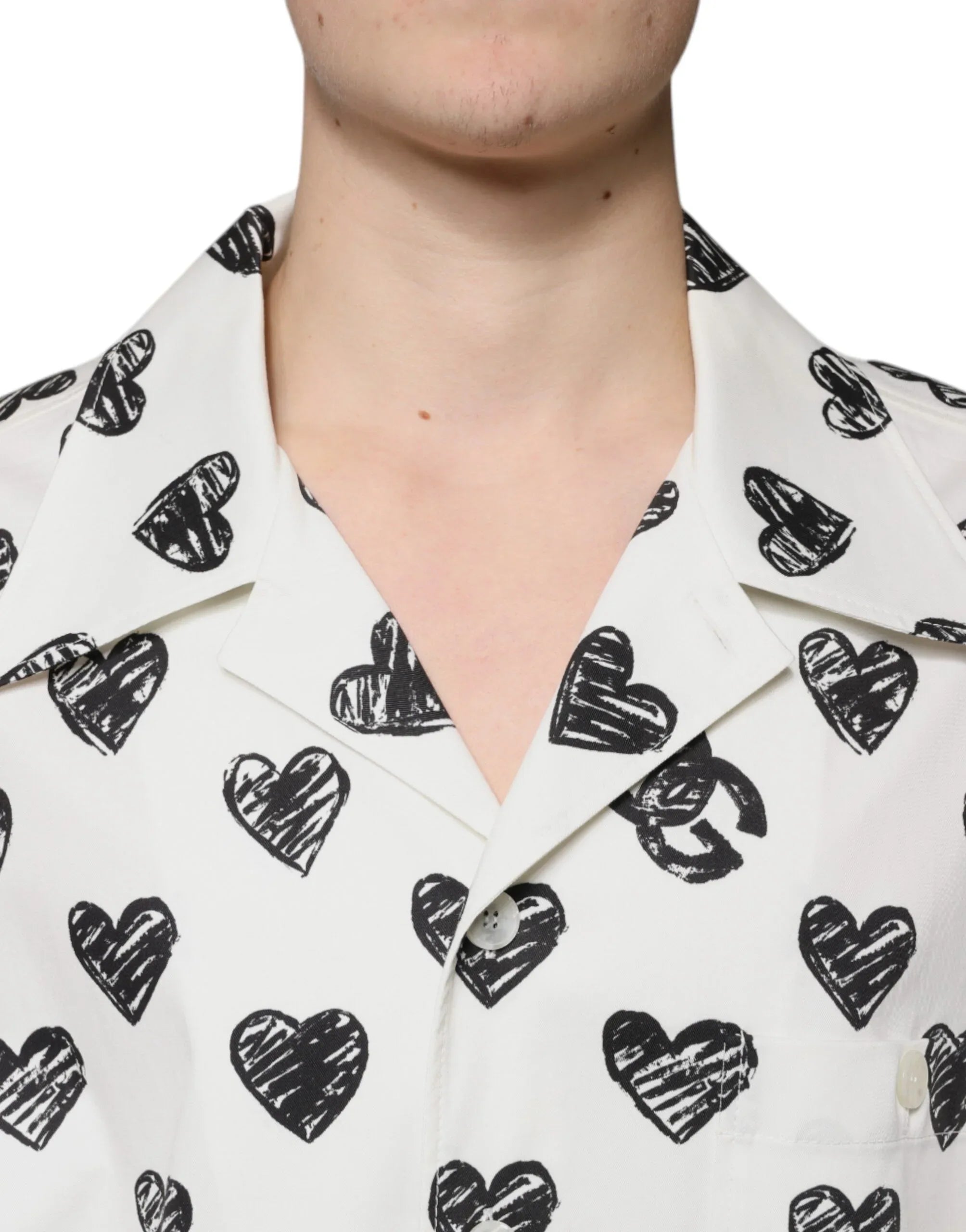 Dolce & Gabbana White Heart Print Short Sleeve Casual Shirt - Zeiniez