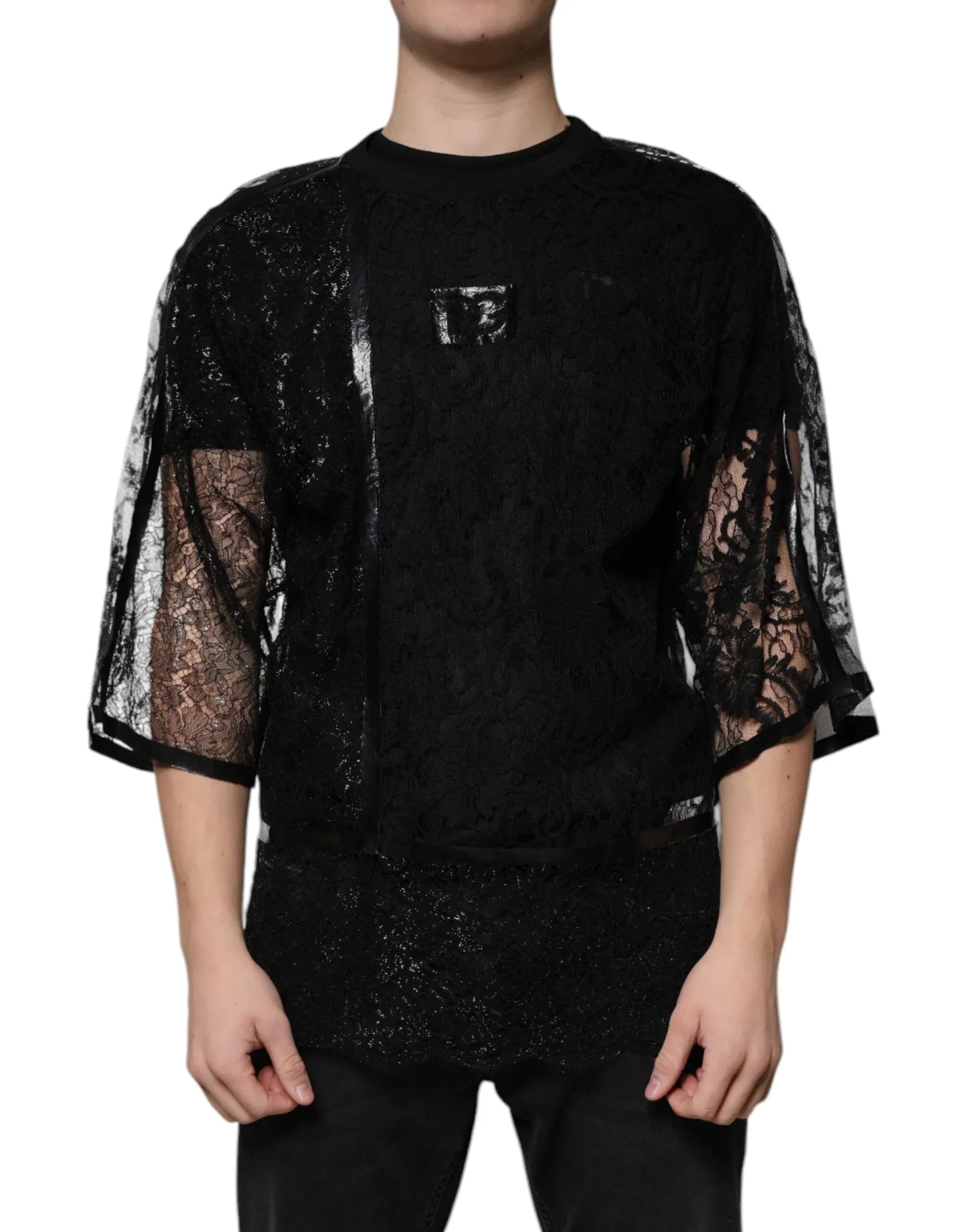 Dolce & Gabbana Black Nylon Floral Lace Crew Neck T-shirt - Zeiniez