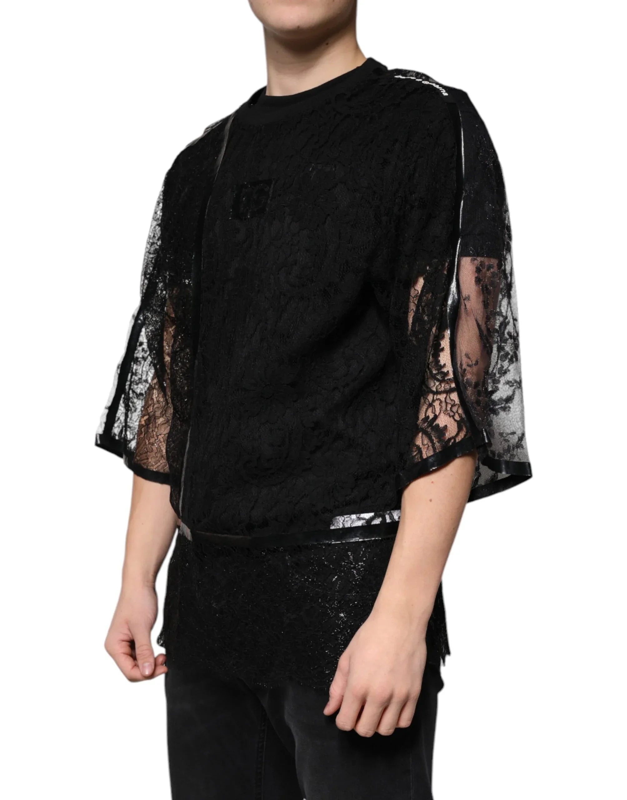 Dolce & Gabbana Black Nylon Floral Lace Crew Neck T-shirt - Zeiniez