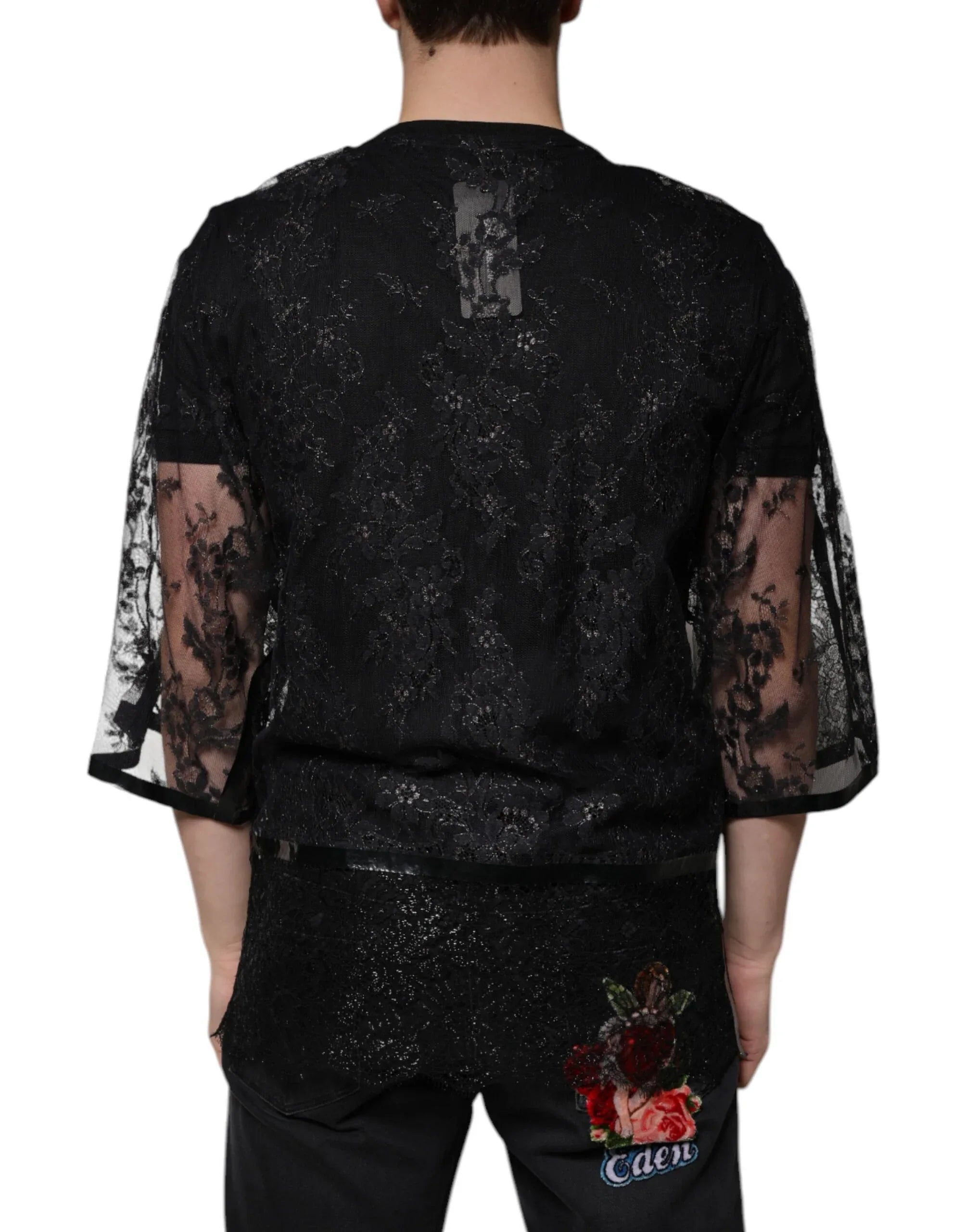 Dolce & Gabbana Black Nylon Floral Lace Crew Neck T-shirt - Zeiniez