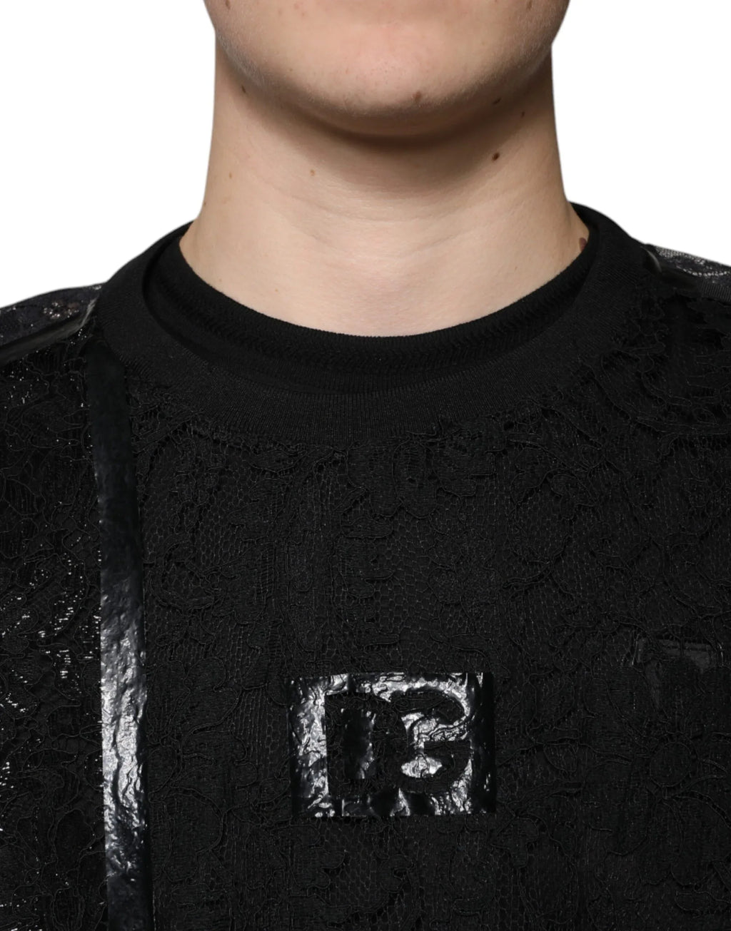 Dolce & Gabbana Black Nylon Floral Lace Crew Neck T-shirt - Zeiniez