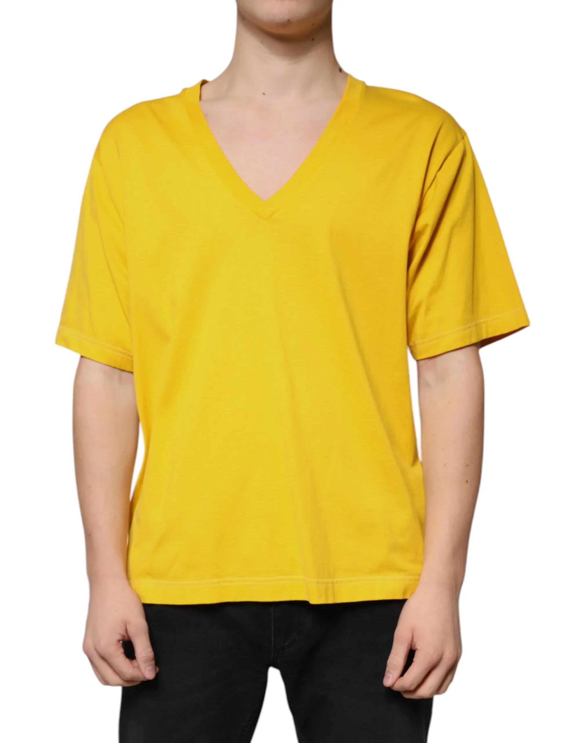 Dolce & Gabbana Yellow Cotton V-neck Short Sleeves T-shirt - Zeiniez