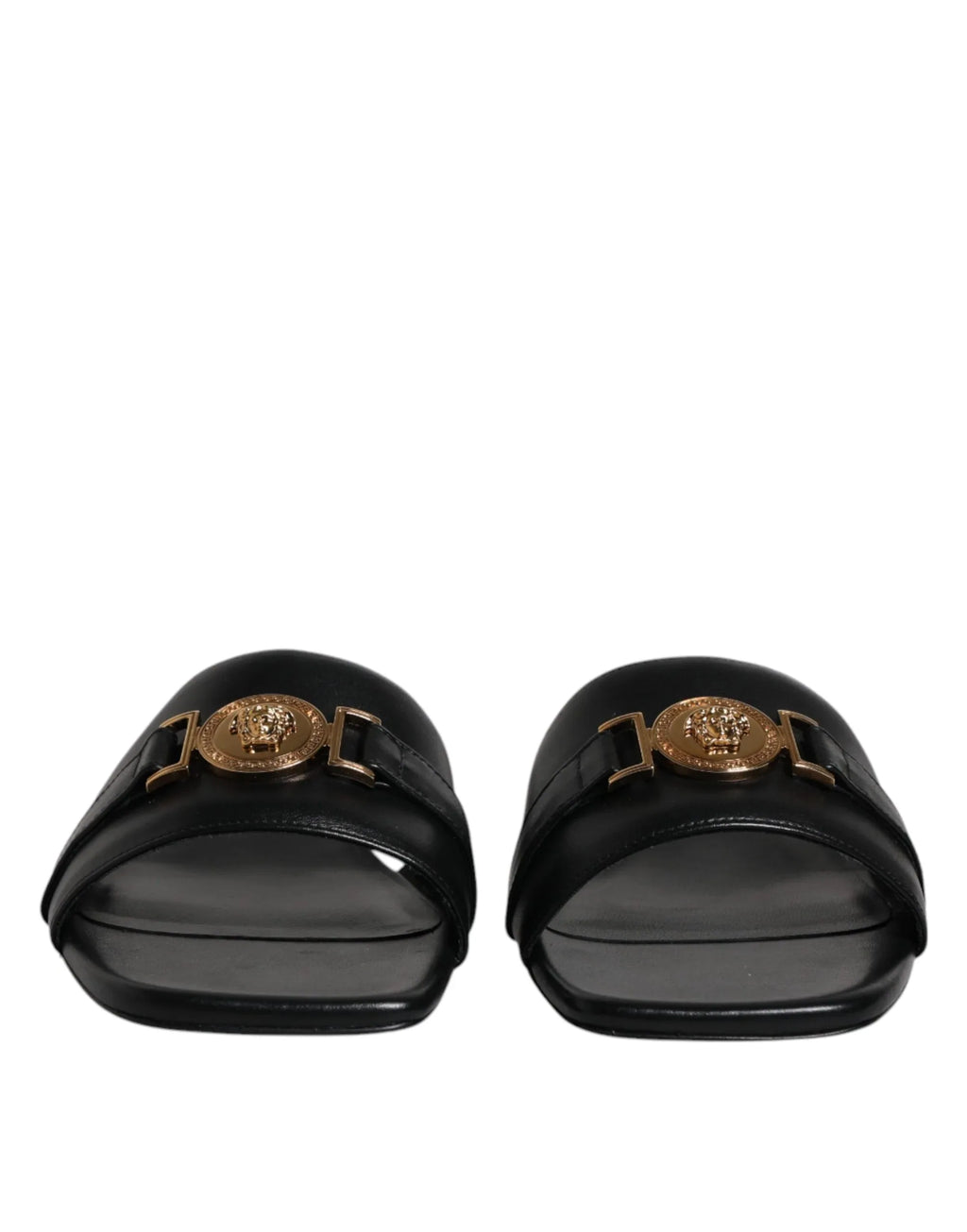 Versace Black Leather Logo Plaque Slip On Slides Flats Shoes - Zeiniez