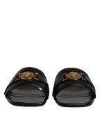 Versace Black Leather Logo Plaque Slip On Slides Flats Shoes - Zeiniez