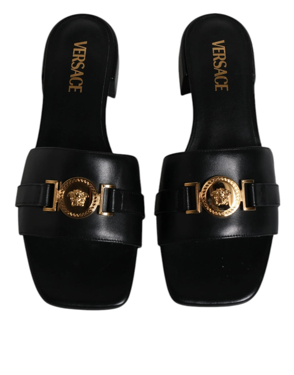 Versace Black Leather Logo Plaque Slip On Slides Flats Shoes - Zeiniez