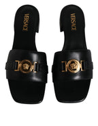 Versace Black Leather Logo Plaque Slip On Slides Flats Shoes - Zeiniez