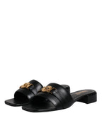 Versace Black Leather Logo Plaque Slip On Slides Flats Shoes - Zeiniez