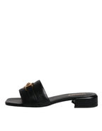 Versace Black Leather Logo Plaque Slip On Slides Flats Shoes - Zeiniez