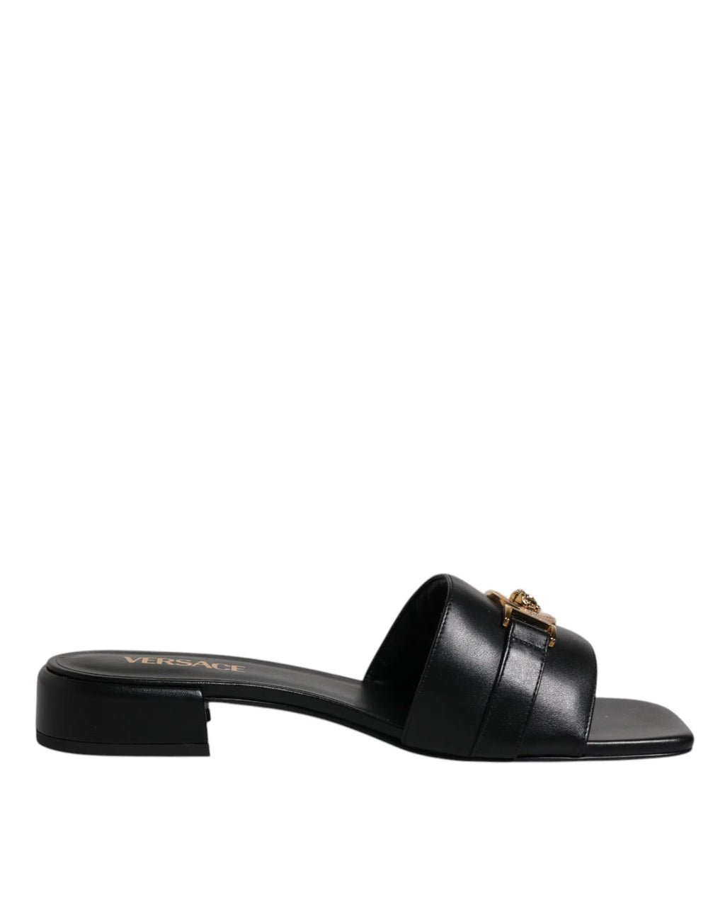 Versace Black Leather Logo Plaque Slip On Slides Flats Shoes - Zeiniez