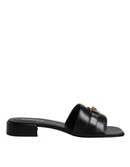 Versace Black Leather Logo Plaque Slip On Slides Flats Shoes - Zeiniez