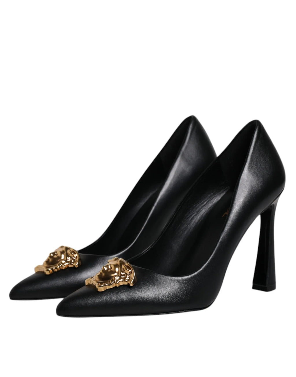 Versace Black Leather Logo Plaque High Heels Pumps Shoes - Zeiniez