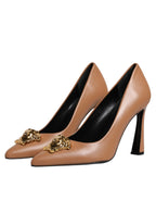 Versace Brown Leather Logo Plaque High Heels Pumps Shoes - Zeiniez