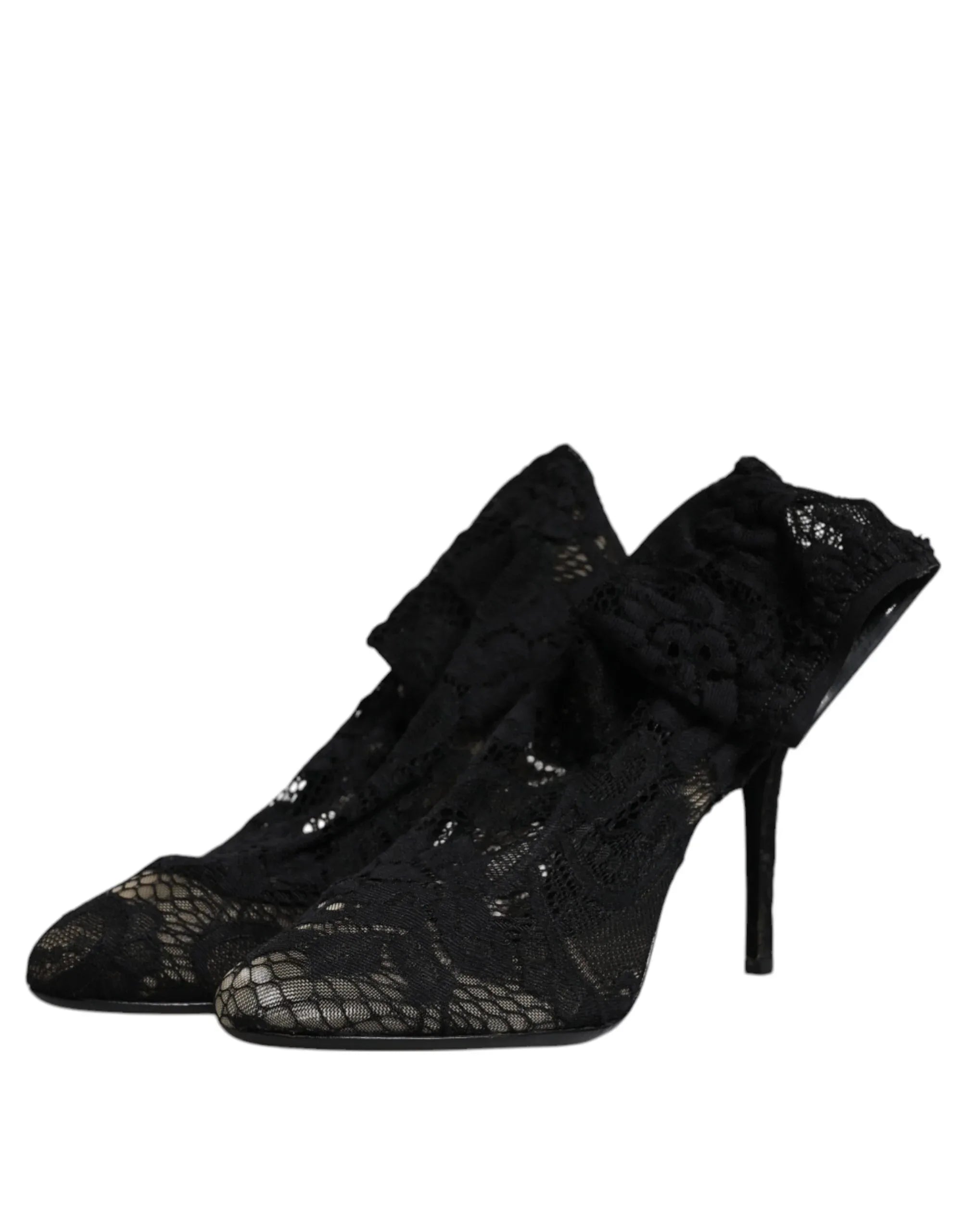 Dolce & Gabbana Black Lace Stretch Heels Mid Calf Boots Shoes - Zeiniez