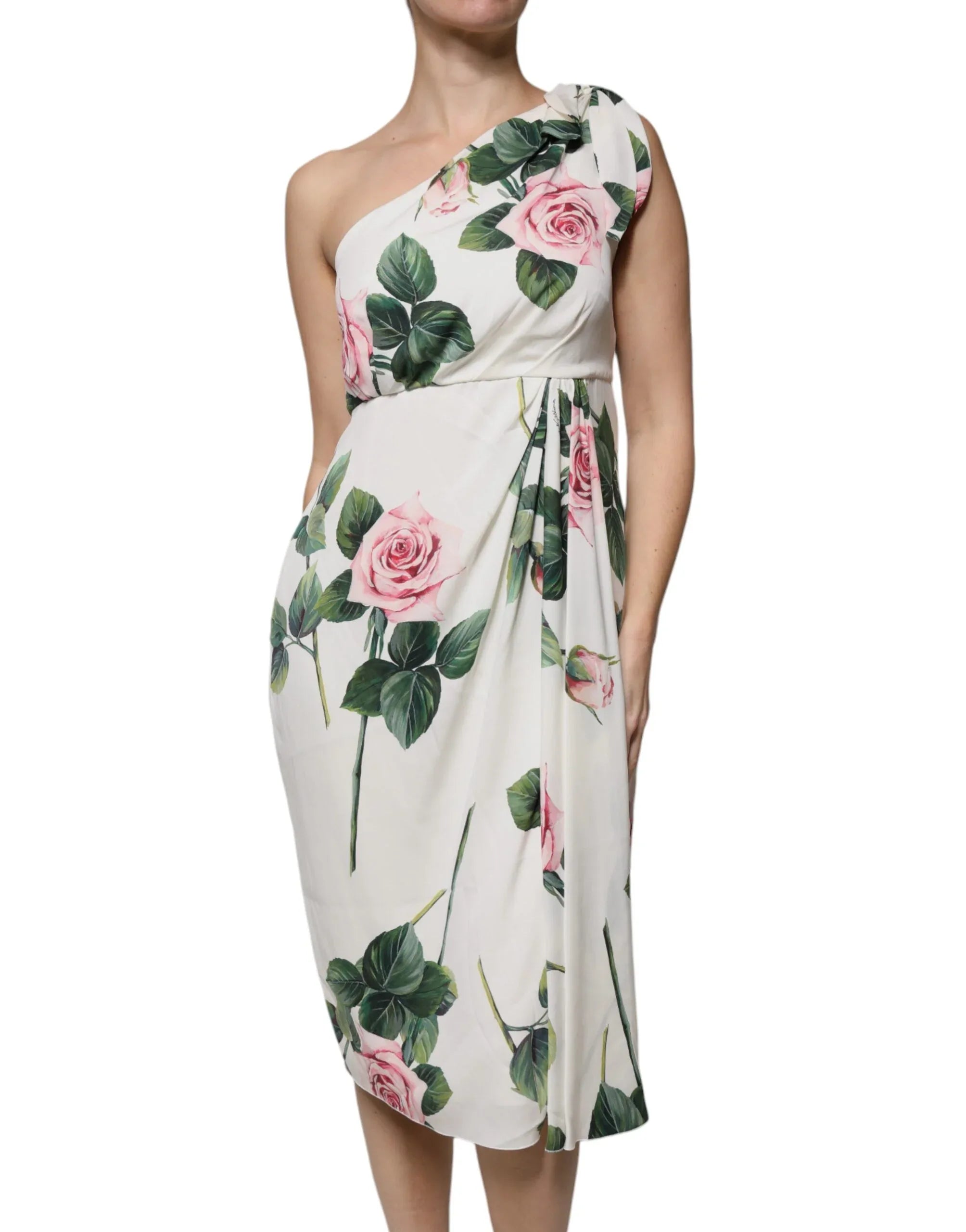 Dolce & Gabbana White Floral Silk One Shoulder Midi Dress - Zeiniez