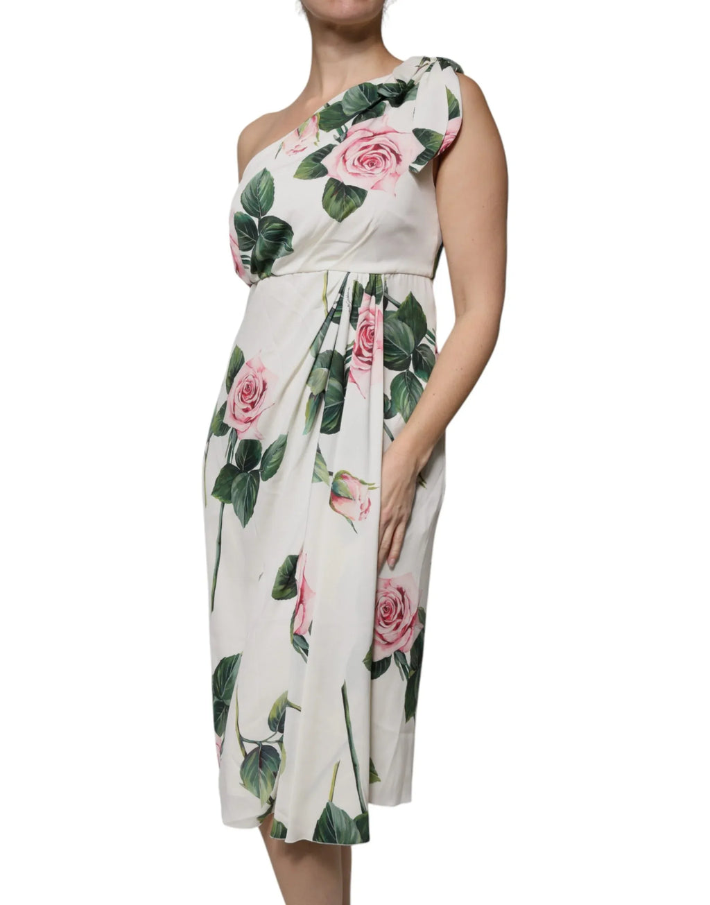 Dolce & Gabbana White Floral Silk One Shoulder Midi Dress - Zeiniez