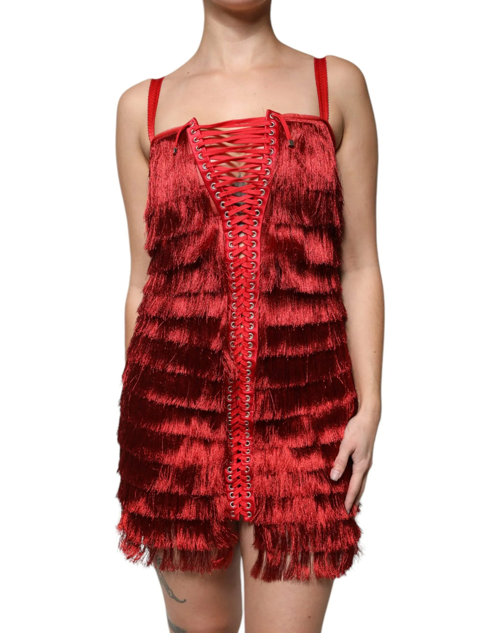 Dolce & Gabbana Red Lace Tassel Sleeveless Sheath Mini Dress - Zeiniez