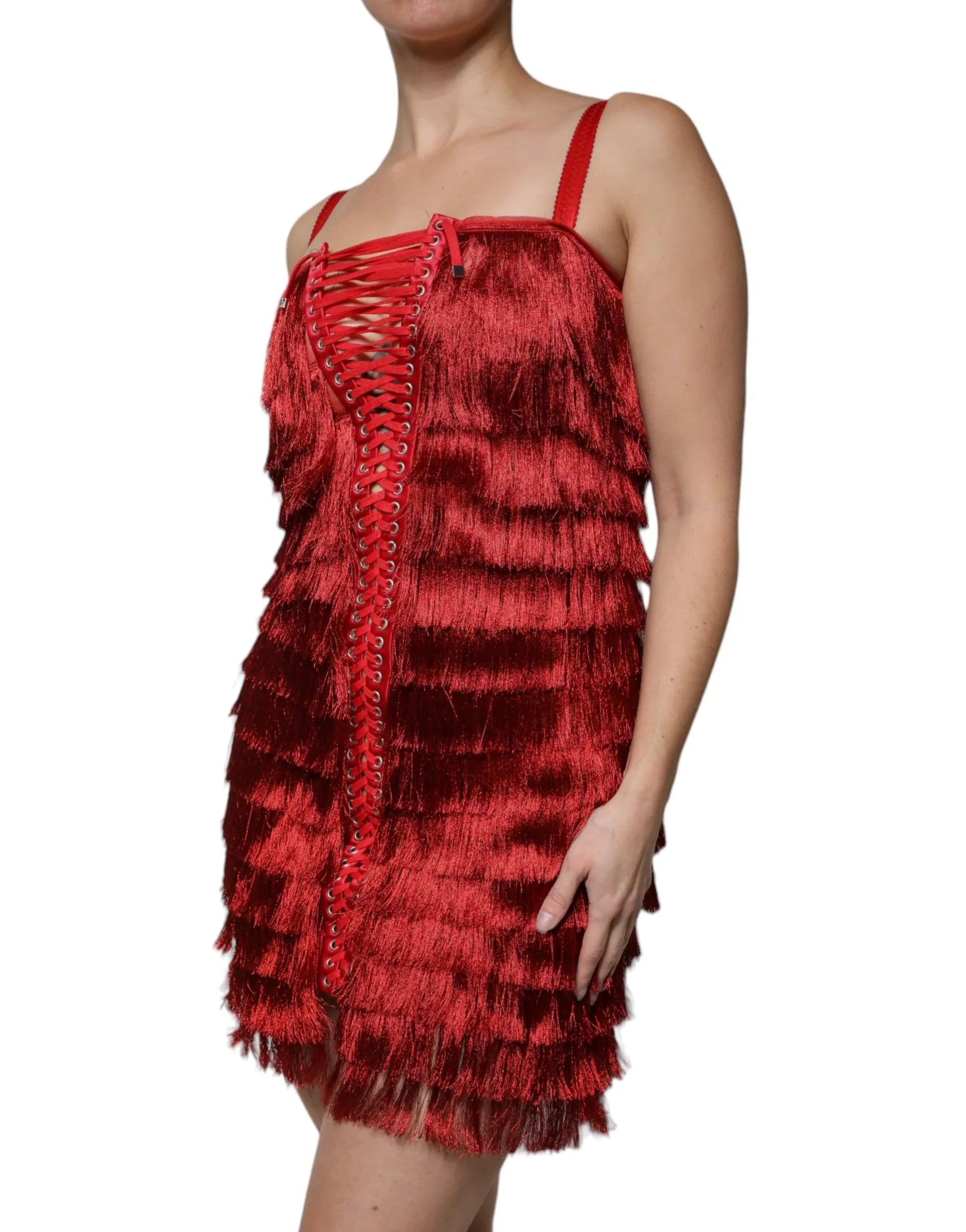 Dolce & Gabbana Red Lace Tassel Sleeveless Sheath Mini Dress - Zeiniez
