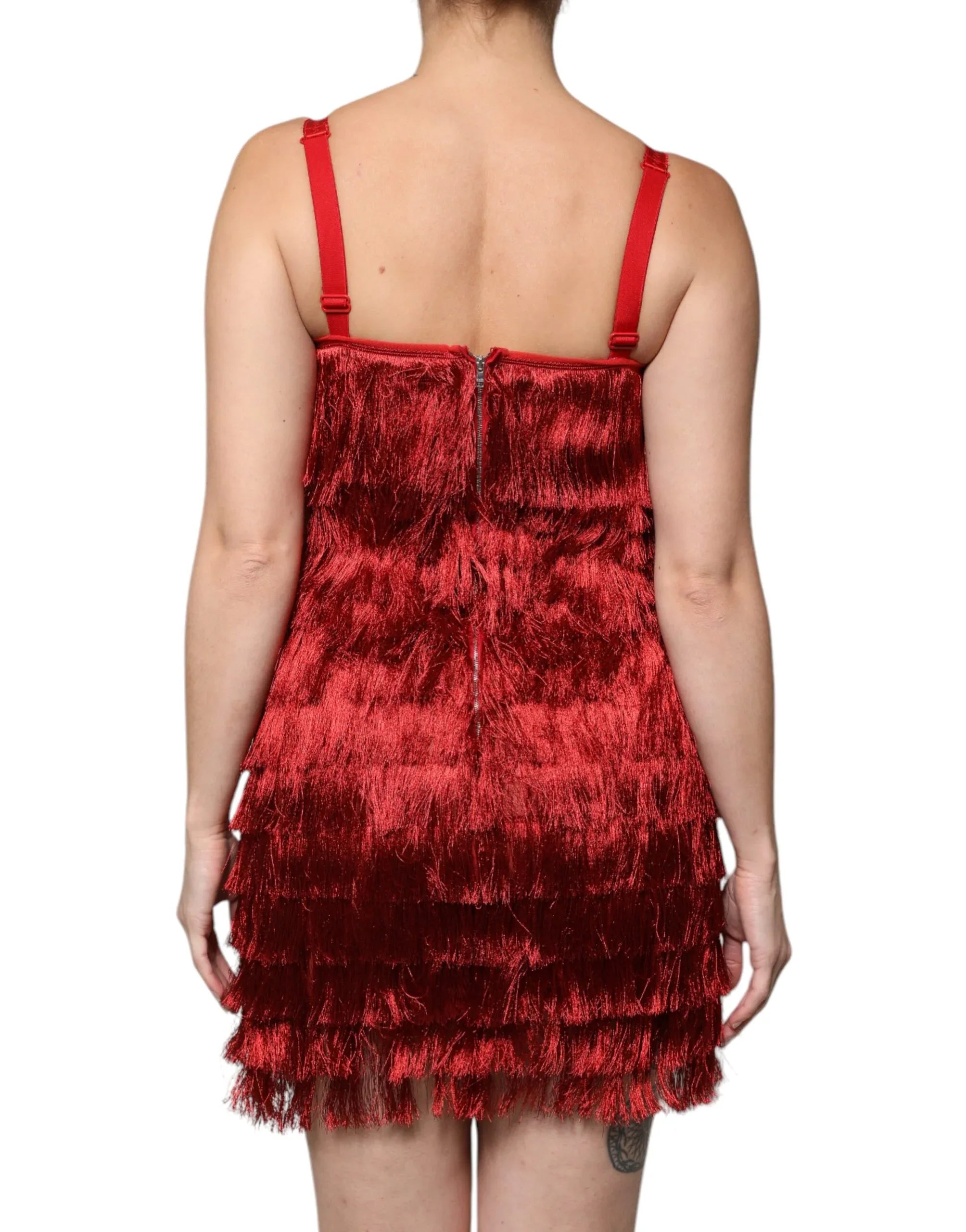 Dolce & Gabbana Red Lace Tassel Sleeveless Sheath Mini Dress - Zeiniez