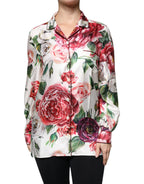 Dolce & Gabbana White Peony Silk Long Sleeves Collared Blouse Top - Zeiniez