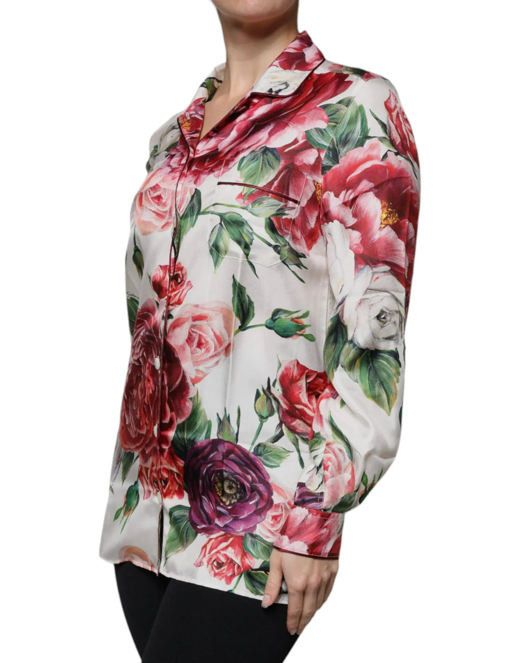 Dolce & Gabbana White Peony Silk Long Sleeves Collared Blouse Top - Zeiniez