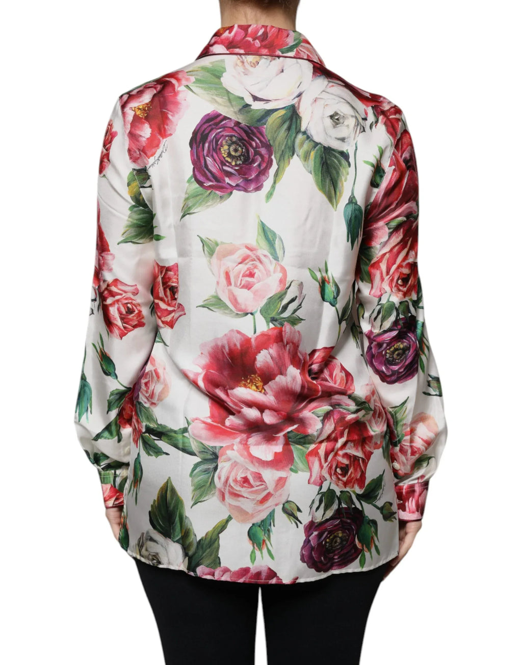 Dolce & Gabbana White Peony Silk Long Sleeves Collared Blouse Top - Zeiniez
