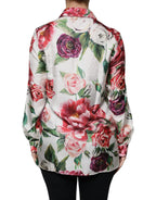 Dolce & Gabbana White Peony Silk Long Sleeves Collared Blouse Top - Zeiniez
