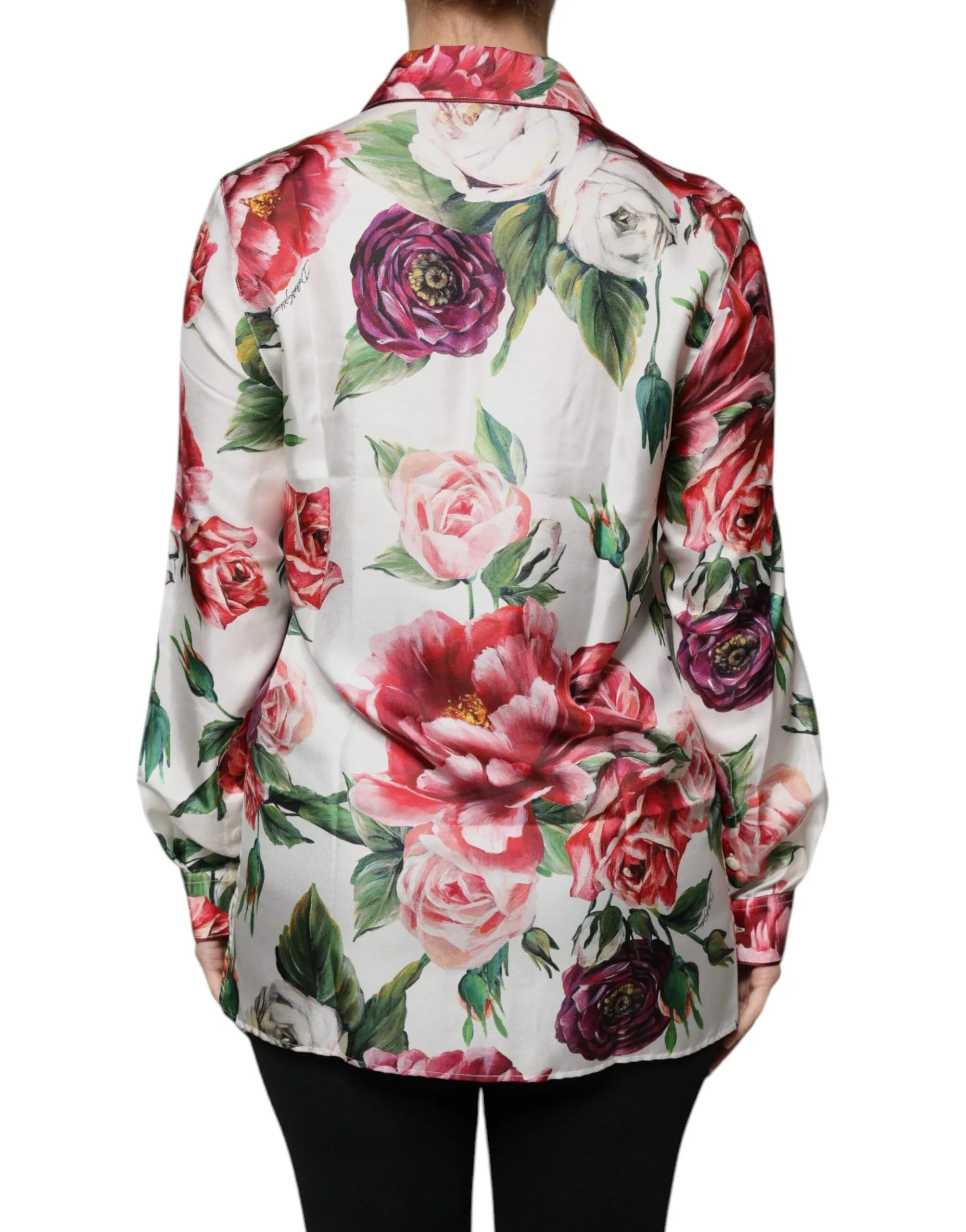 Dolce & Gabbana White Peony Silk Long Sleeves Collared Blouse Top - Zeiniez