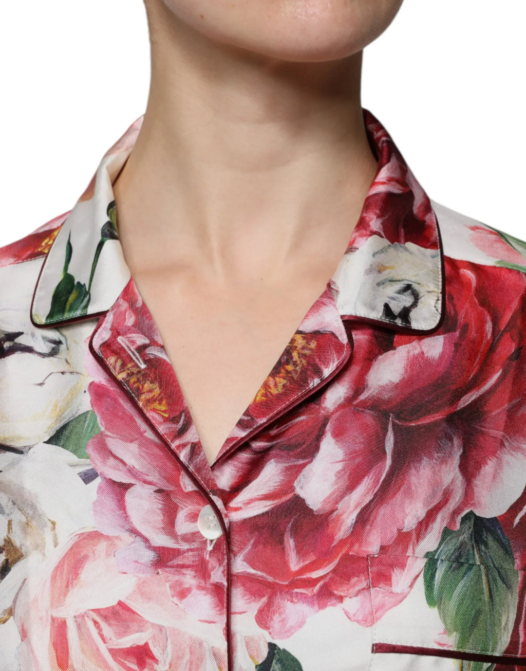Dolce & Gabbana White Peony Silk Long Sleeves Collared Blouse Top - Zeiniez