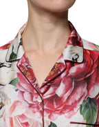 Dolce & Gabbana White Peony Silk Long Sleeves Collared Blouse Top - Zeiniez
