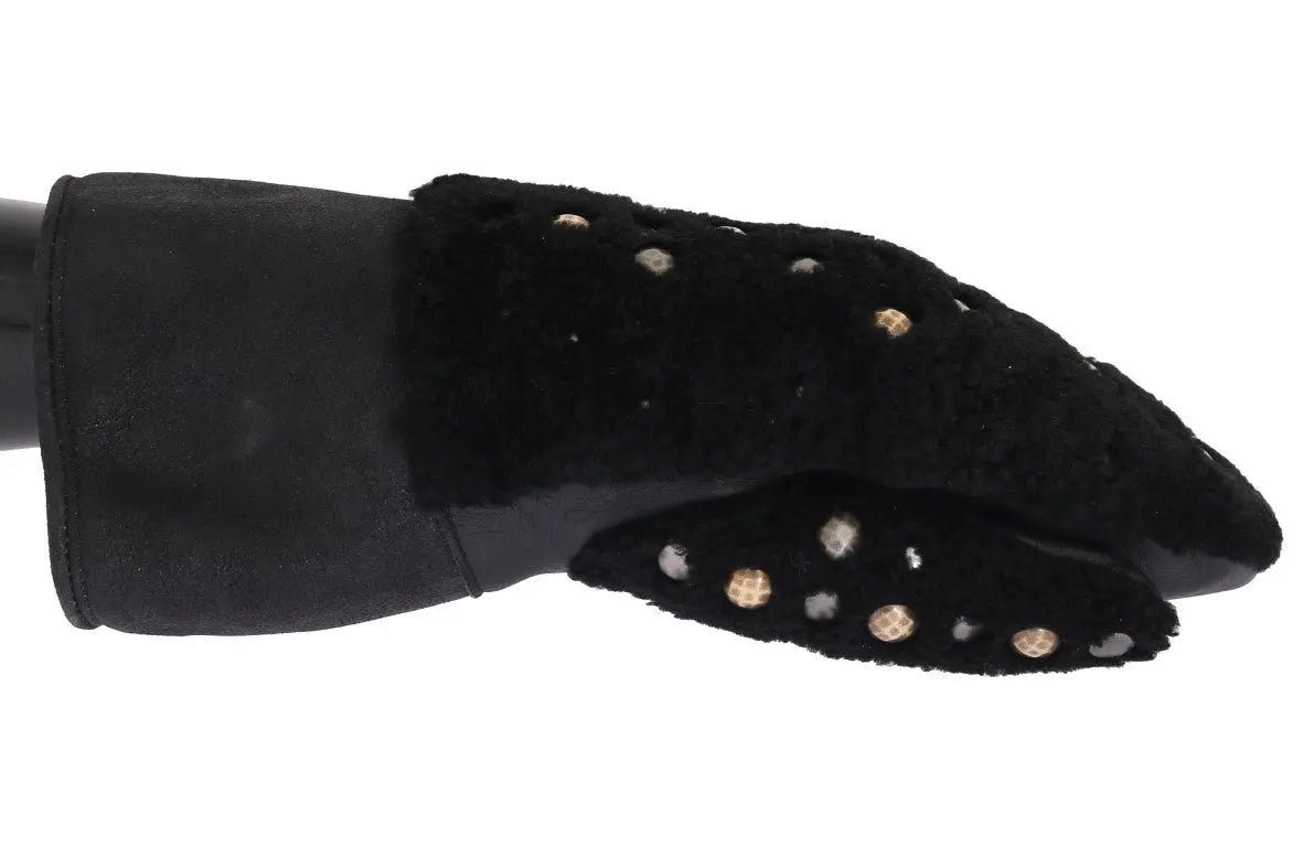 Dolce & Gabbana Black Leather Shearling Studded Gloves - Zeiniez