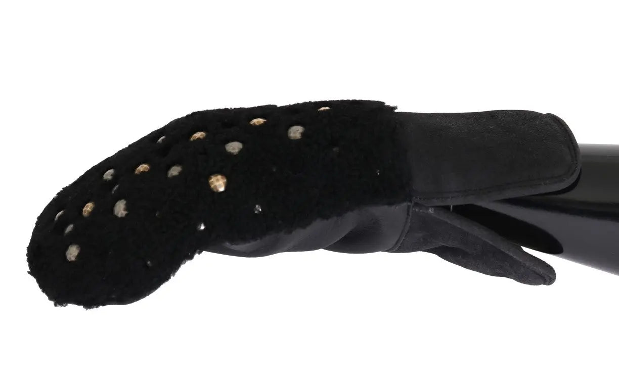 Dolce & Gabbana Black Leather Shearling Studded Gloves - Zeiniez