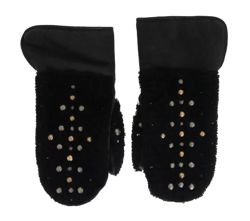Dolce & Gabbana Black Leather Shearling Studded Gloves - Zeiniez