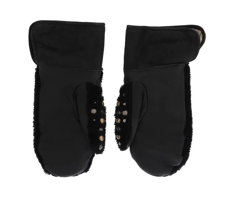 Dolce & Gabbana Black Leather Shearling Studded Gloves - Zeiniez
