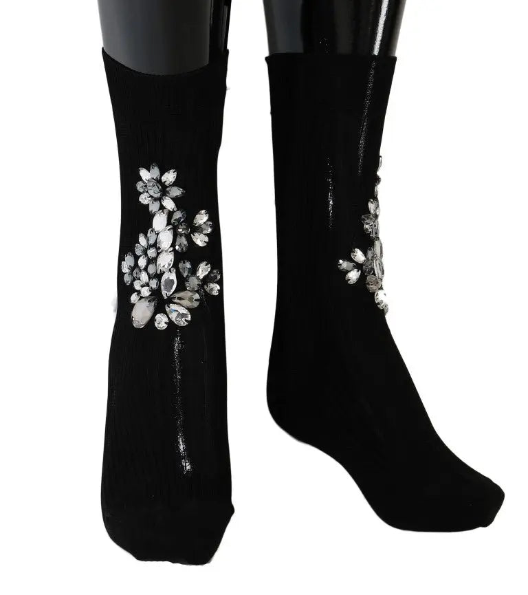 Dolce & Gabbana Black Knitted Floral Clear Crystal Socks - Zeiniez
