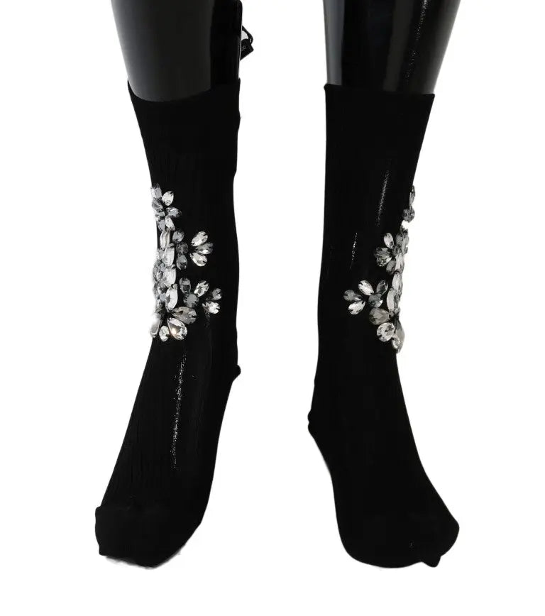 Dolce & Gabbana Black Knitted Floral Clear Crystal Socks - Zeiniez