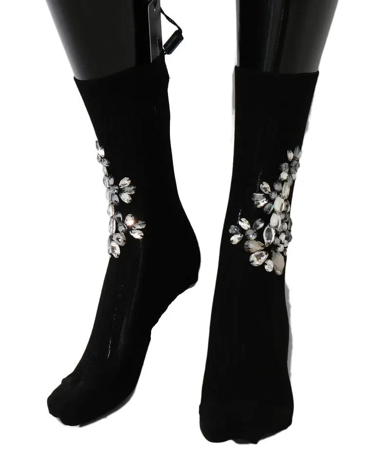 Dolce & Gabbana Black Knitted Floral Clear Crystal Socks - Zeiniez