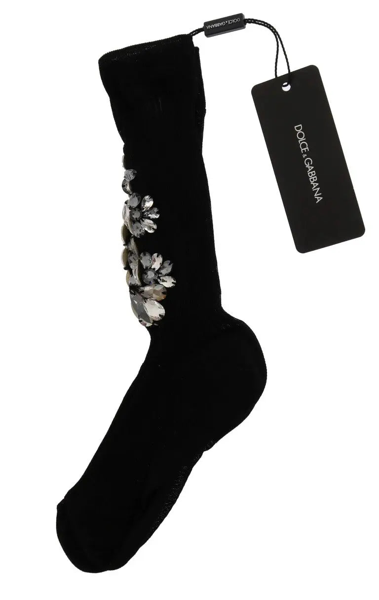Dolce & Gabbana Black Knitted Floral Clear Crystal Socks - Zeiniez