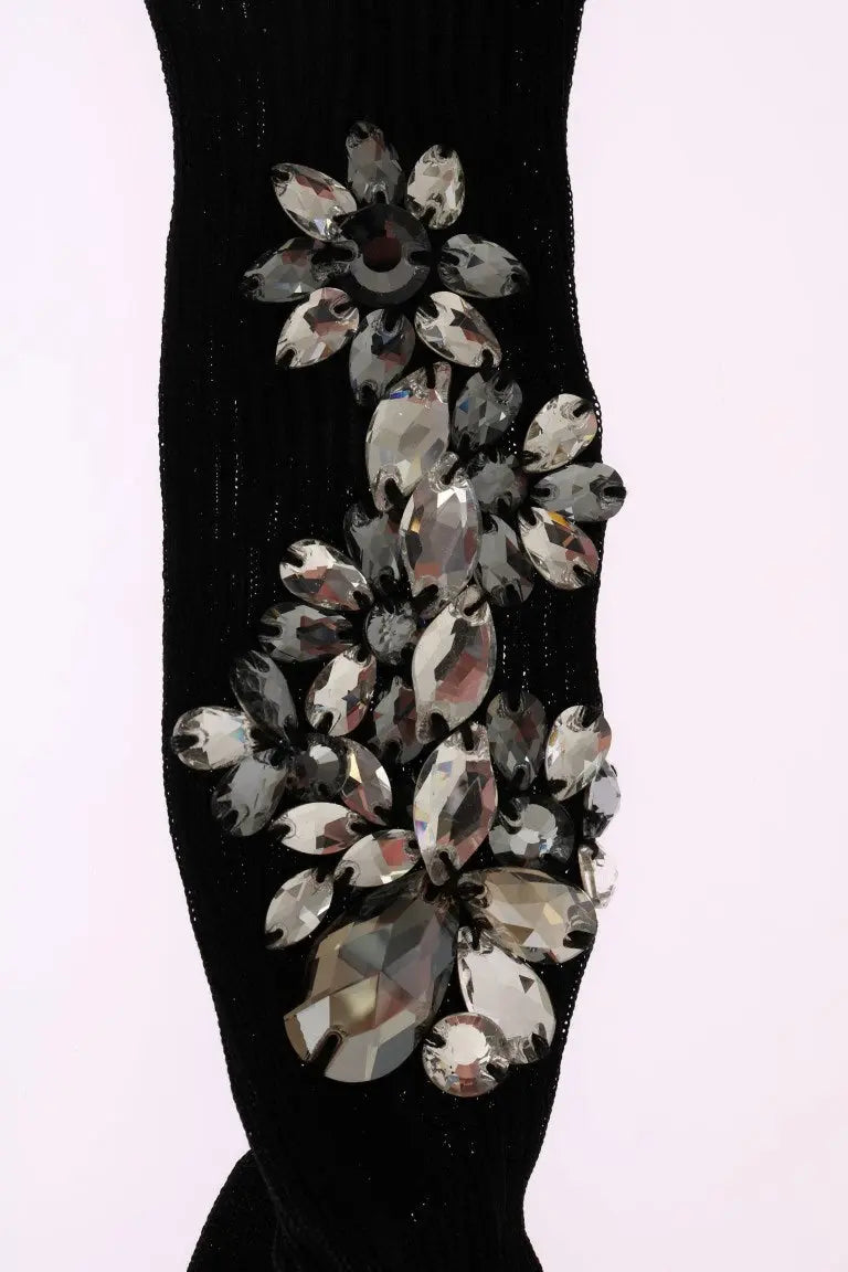 Dolce & Gabbana Black Knitted Floral Clear Crystal Socks - Zeiniez
